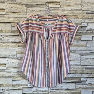 Striped Short-Sleeve Button Front Top in Multicolor
